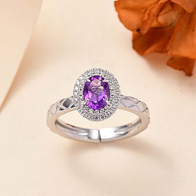 African Amethyst and White Zircon 1.10 ctw Ring in Rhodium Over Sterling Silver (Size 7.0)
