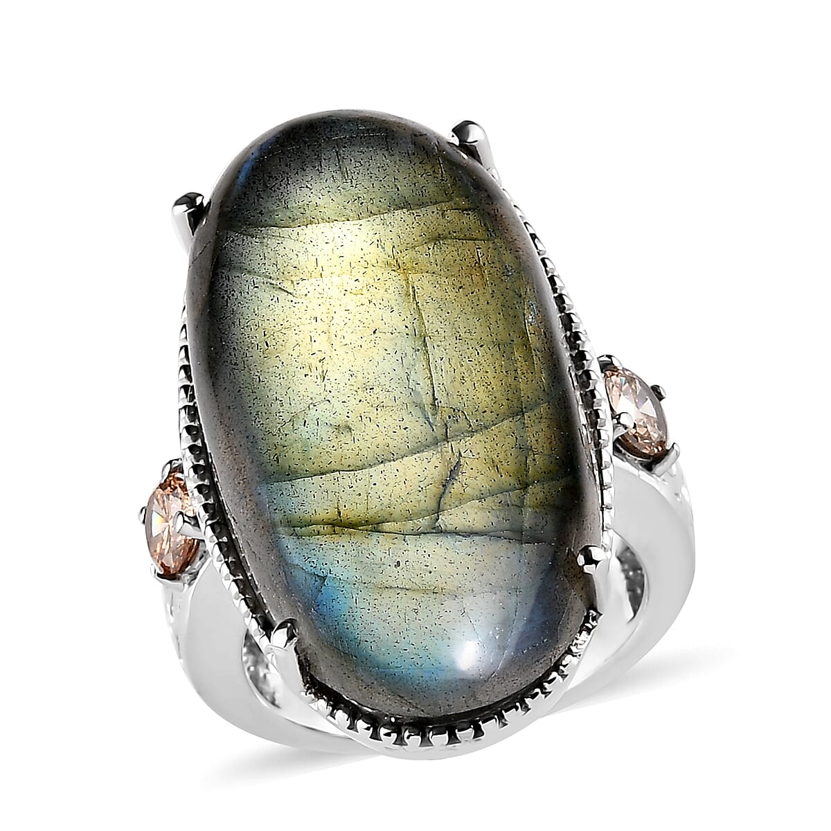 Malagasy Labradorite and Simulated Champagne Color Diamond 29.30 ctw Ring in Stainless Steel (Size 8.0)  image number 0