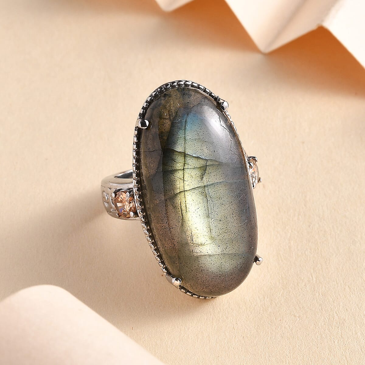 Malagasy Labradorite and Simulated Champagne Color Diamond 29.30 ctw Ring in Stainless Steel (Size 8.0)  image number 1