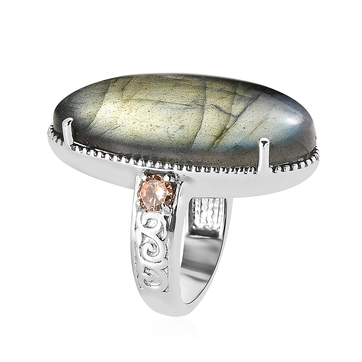 Malagasy Labradorite and Simulated Champagne Color Diamond 29.30 ctw Ring in Stainless Steel (Size 8.0)  image number 4