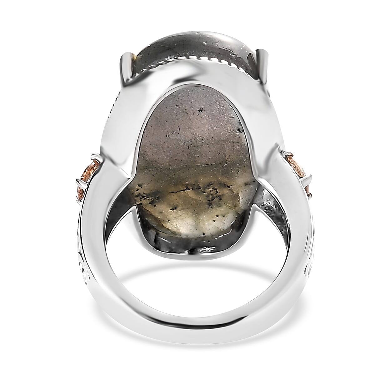 Malagasy Labradorite and Simulated Champagne Color Diamond 29.30 ctw Ring in Stainless Steel (Size 8.0)  image number 5