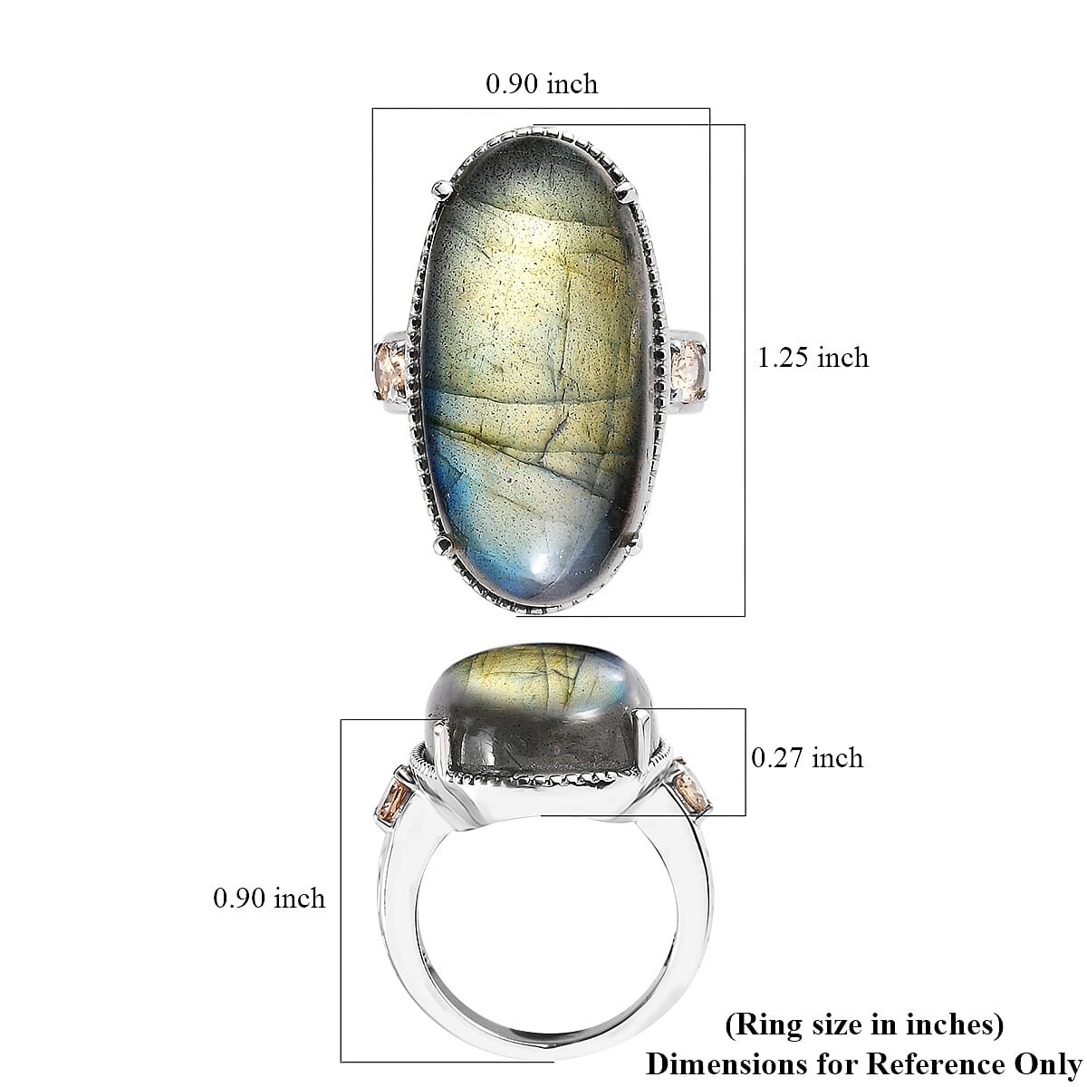 Malagasy Labradorite and Simulated Champagne Color Diamond 29.30 ctw Ring in Stainless Steel (Size 8.0)  image number 6