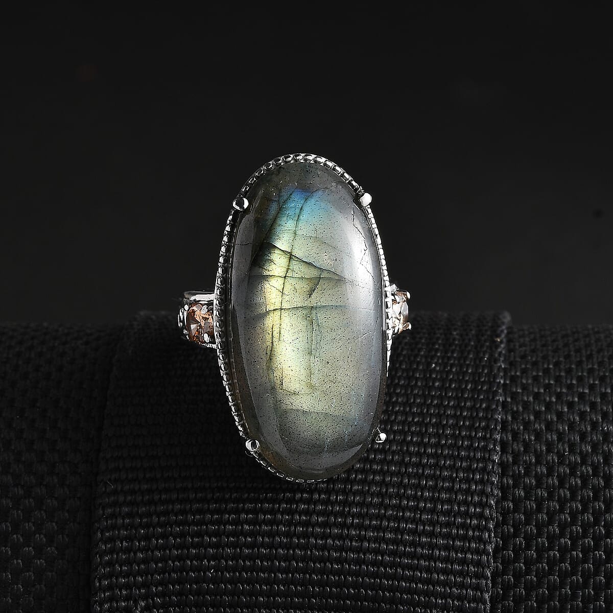 Malagasy Labradorite and Simulated Champagne Color Diamond 29.30 ctw Ring in Stainless Steel (Size 9.0)  image number 2