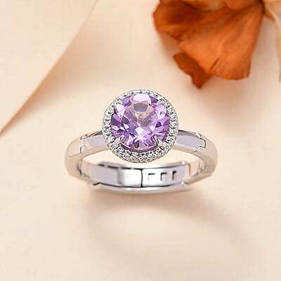 Rose De France Amethyst and White Zircon 2.10 ctw Ring in Rhodium Over Sterling Silver (Size 7.0)