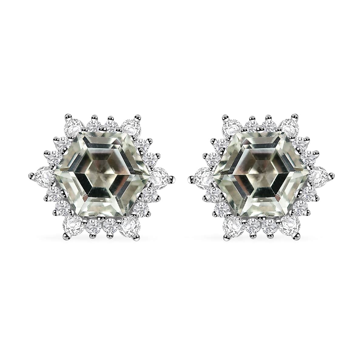 Montezuma Prasiolite and White Zircon 5.65 ctw Sunburst Stud Earrings in Rhodium Over Sterling Silver image number 0