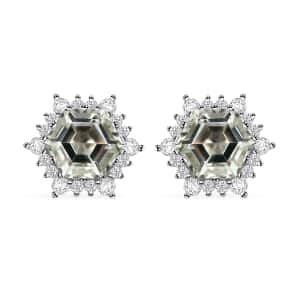 Montezuma Prasiolite and White Zircon 5.65 ctw Sunburst Stud Earrings in Rhodium Over Sterling Silver