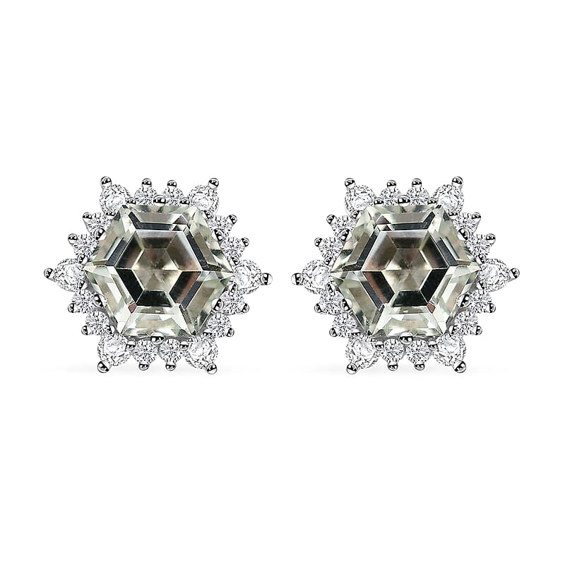 Montezuma Prasiolite and White Zircon 5.65 ctw Sunburst Stud Earrings in Rhodium Over Sterling Silver