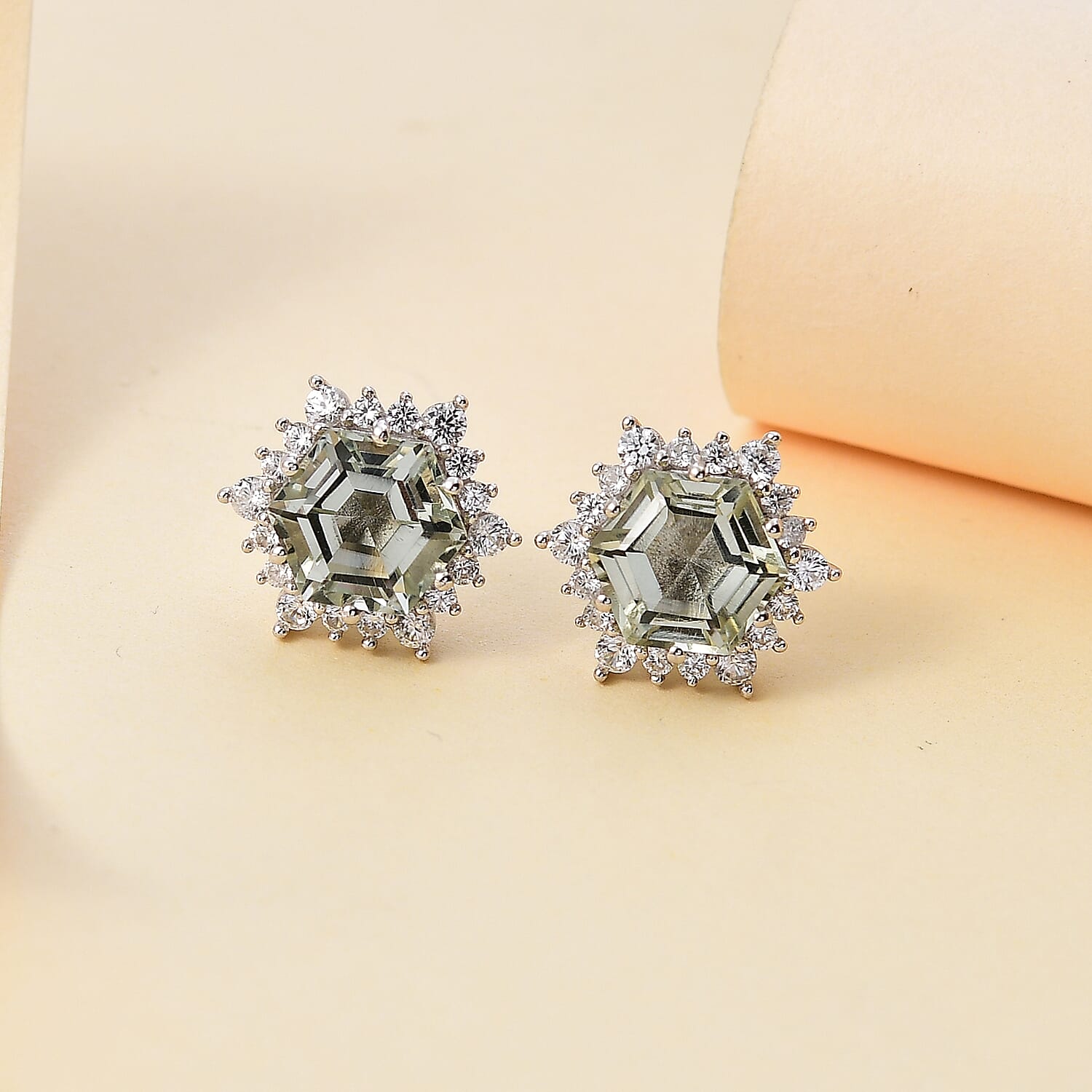Montezuma Prasiolite and White Zircon 5.65 ctw Sunburst Stud Earrings in Rhodium Over Sterling Silver
