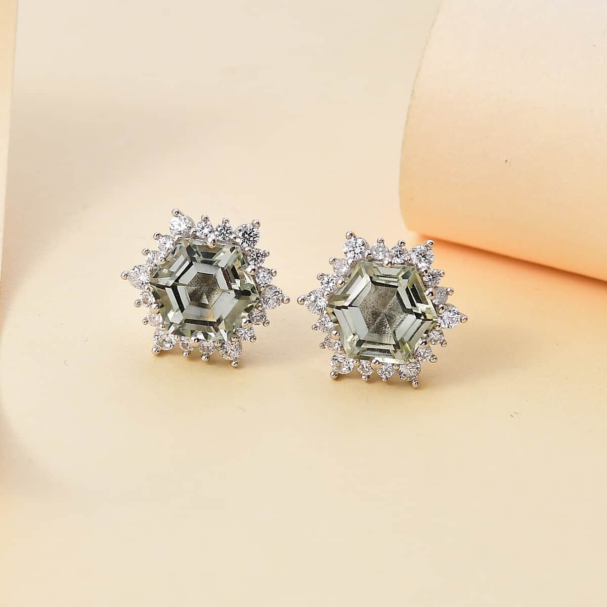 Montezuma Prasiolite and White Zircon 5.65 ctw Sunburst Stud Earrings in Rhodium Over Sterling Silver image number 1