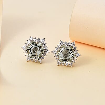 Montezuma Prasiolite and White Zircon 5.65 ctw Sunburst Stud Earrings in Rhodium Over Sterling Silver