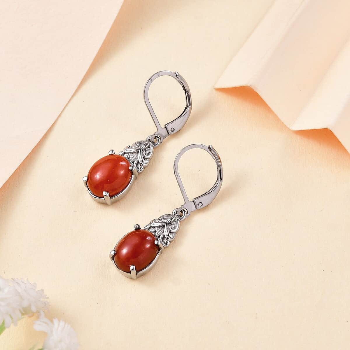 Red Jade (D) 6.40 ctw Lever Back Earrings in Stainless Steel  image number 1