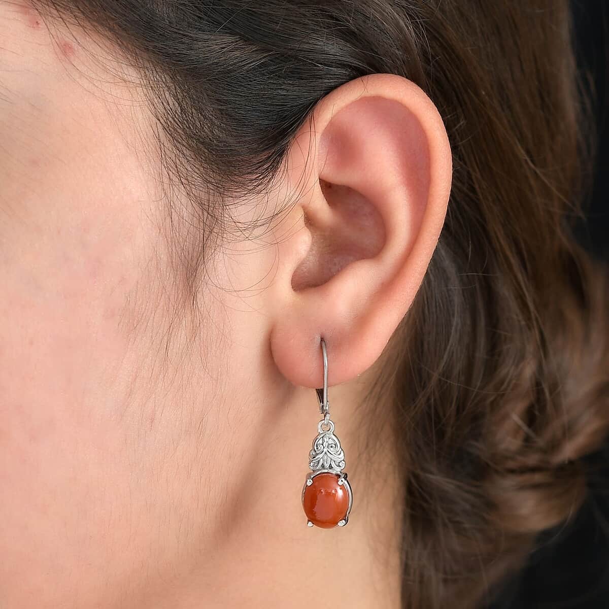 Red Jade (D) 6.40 ctw Lever Back Earrings in Stainless Steel  image number 2