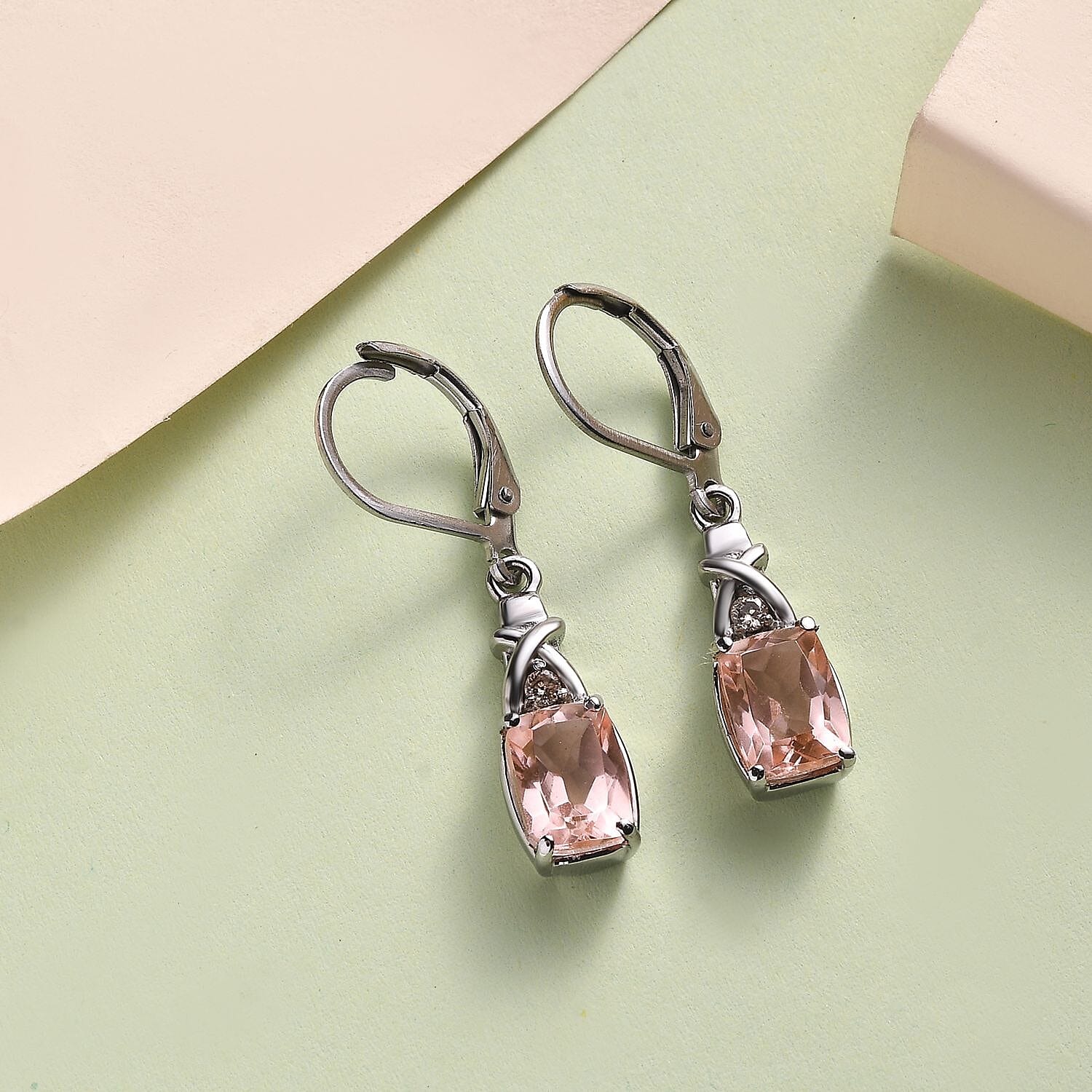 Morganique Quartz (Triplet) and Simulated Champagne Diamond 3.60 ctw Lever Back Earrings in Stainless Steel