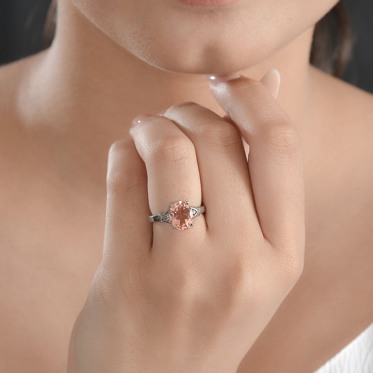 Morganique Quartz (Triplet) and Simulated Champagne Diamond 3.00 ctw Ring in Stainless Steel (Size 5.0) image number 2