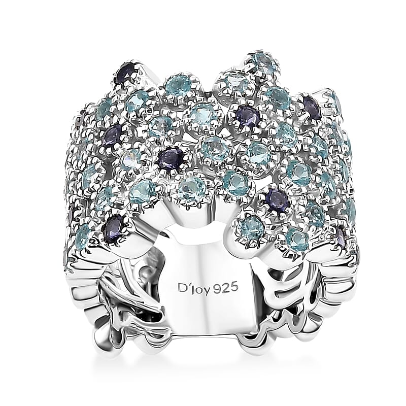 Premium Betroka Blue Apatite and Catalina Iolite 2.00 ctw Starry Mosaic Ring in Rhodium Over Sterling Silver (Size 10.0)