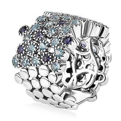 Premium Betroka Blue Apatite and Catalina Iolite 2.00 ctw Starry Mosaic Ring in Rhodium Over Sterling Silver (Size 10.0)