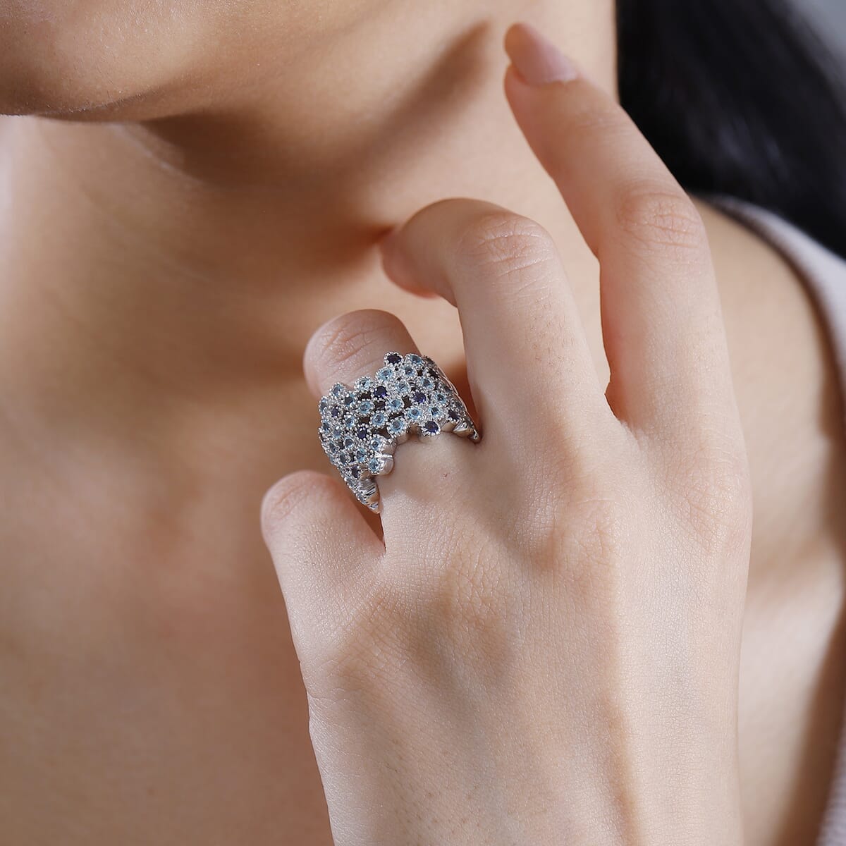 Premium Betroka Blue Apatite and Catalina Iolite 2.00 ctw Starry Mosaic Ring in Rhodium Over Sterling Silver (Size 8.0) image number 2
