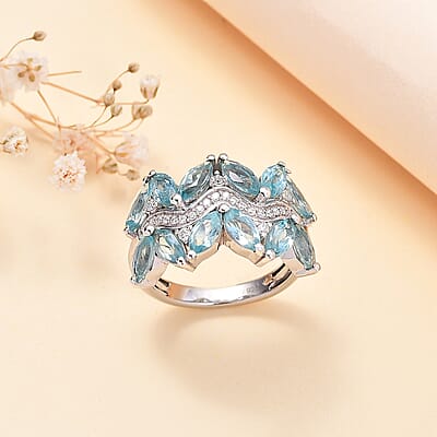 D'Joy Premium Betroka Blue Apatite and Moissanite 3.40 ctw Ring in Rhodium Over Sterling Silver (Size 10.0)