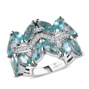 Premium Betroka Blue Apatite and Moissanite 3.40 ctw Ring in Rhodium Over Sterling Silver (Size 7.0)