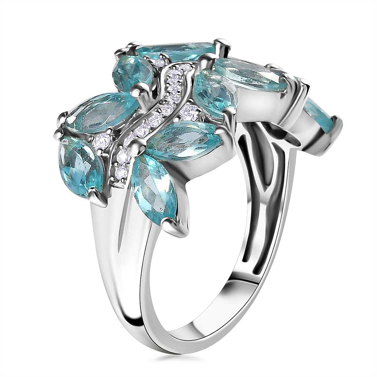 Premium Betroka Blue Apatite and Moissanite 3.40 ctw Ring in Rhodium Over Sterling Silver (Size 7.0) image number 3