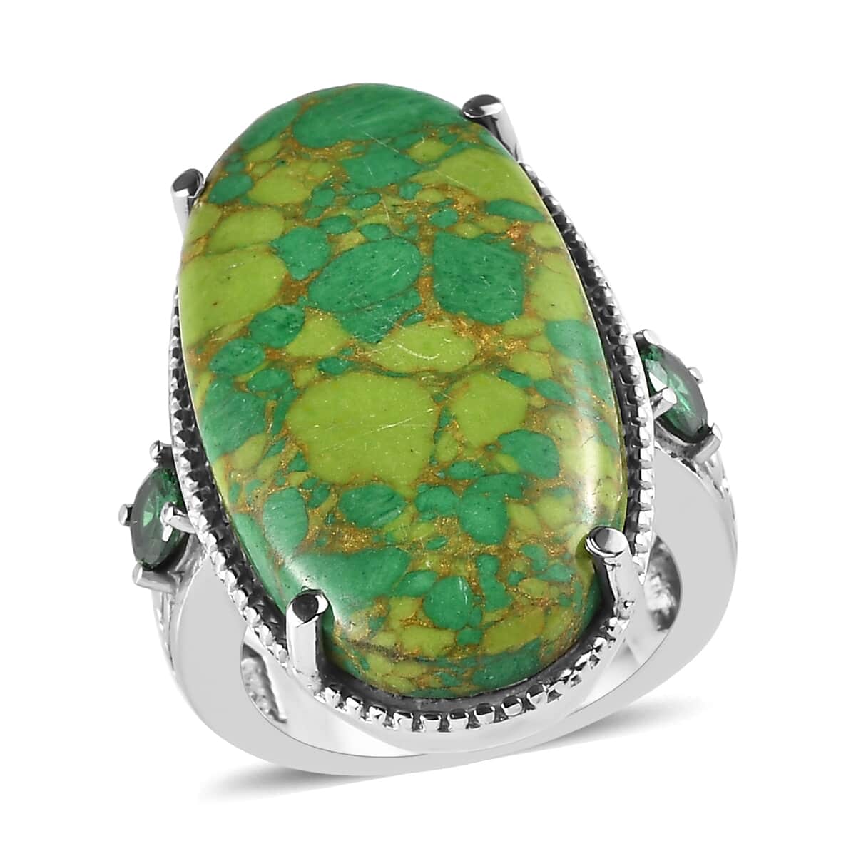 Mojave Green Turquoise and Simulated Green Diamond 17.65 ctw Ring in Stainless Steel image number 0