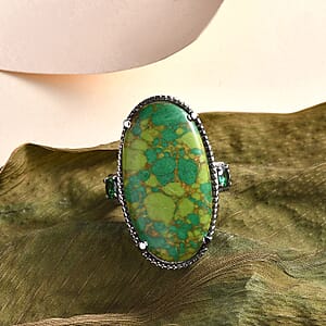 Mojave Green Turquoise and Simulated Green Diamond 16.75 ctw Ring in Stainless Steel (Size 10.0)