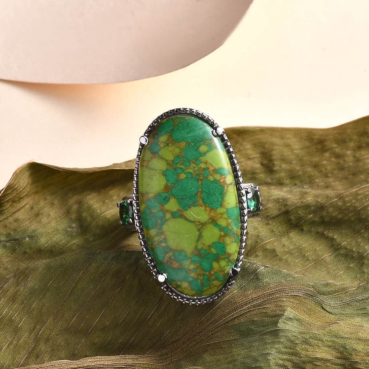 Mojave Green Turquoise and Simulated Green Diamond 17.65 ctw Ring in Stainless Steel (Size 7.0) image number 1