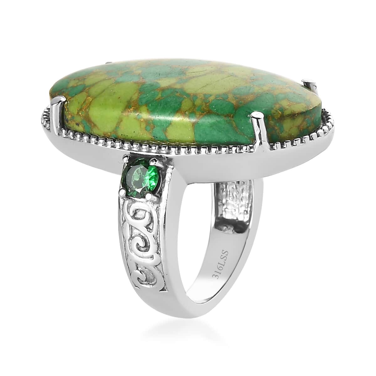 Mojave Green Turquoise and Simulated Green Diamond 17.65 ctw Ring in Stainless Steel (Size 7.0) image number 3