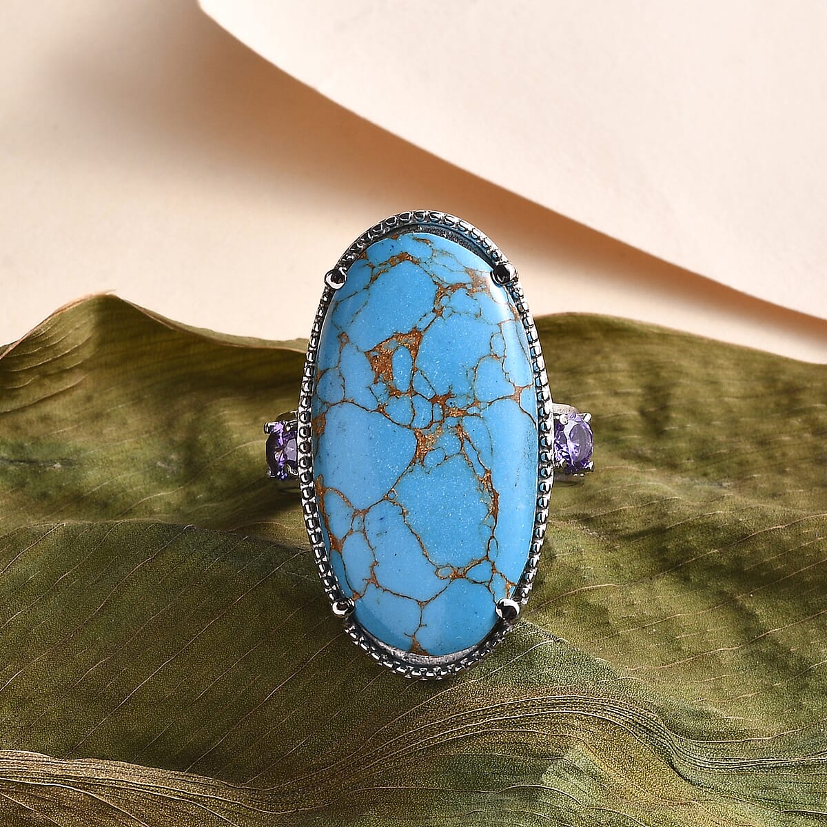Mojave Blue Turquoise and Simulated Blue Diamond 17.15 ctw Ring in Stainless Steel (Size 11.0) image number 1