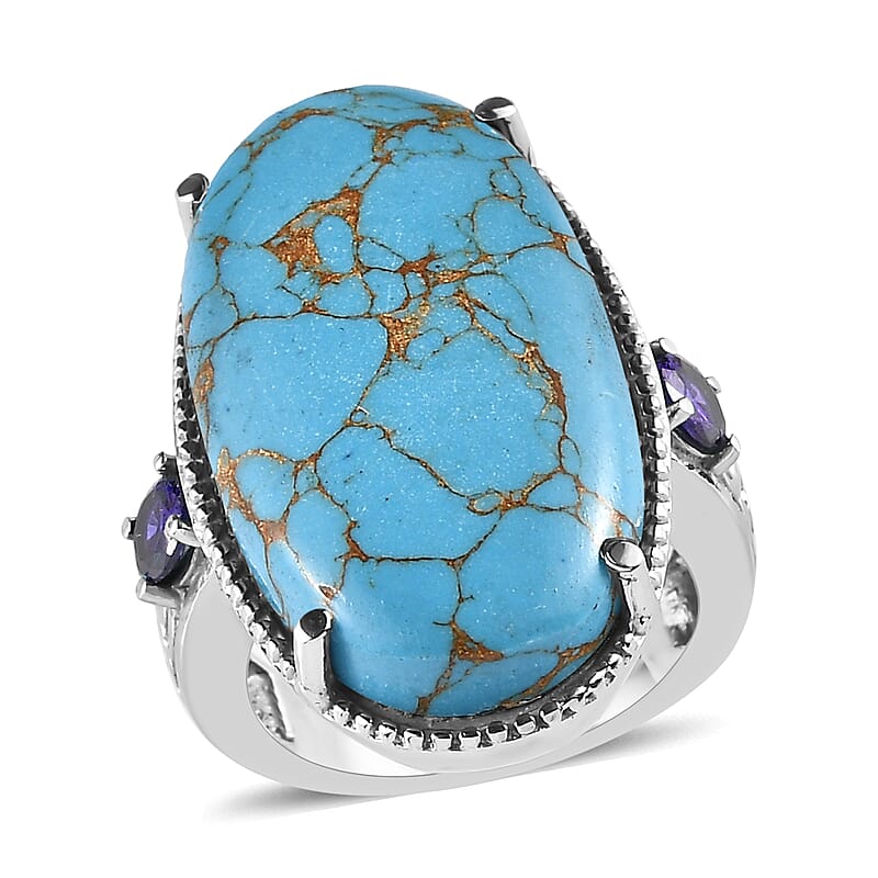 Mojave Blue Turquoise and Simulated Blue Diamond 17.15 ctw Ring in Stainless Steel (Size 5.0)