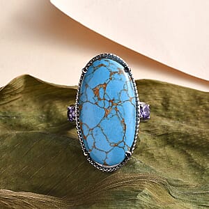 Mojave Blue Turquoise and Simulated Blue Diamond 17.15 ctw Ring in Stainless Steel (Size 5.0)