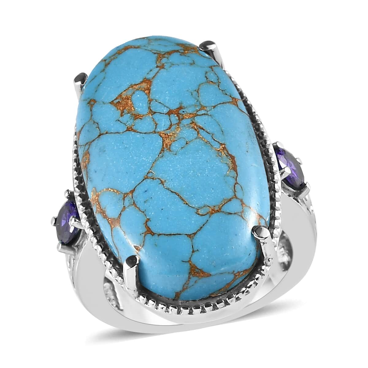 Mojave Blue Turquoise and Simulated Blue Diamond 18.90 ctw Ring in Stainless Steel (Size 7.0) image number 0