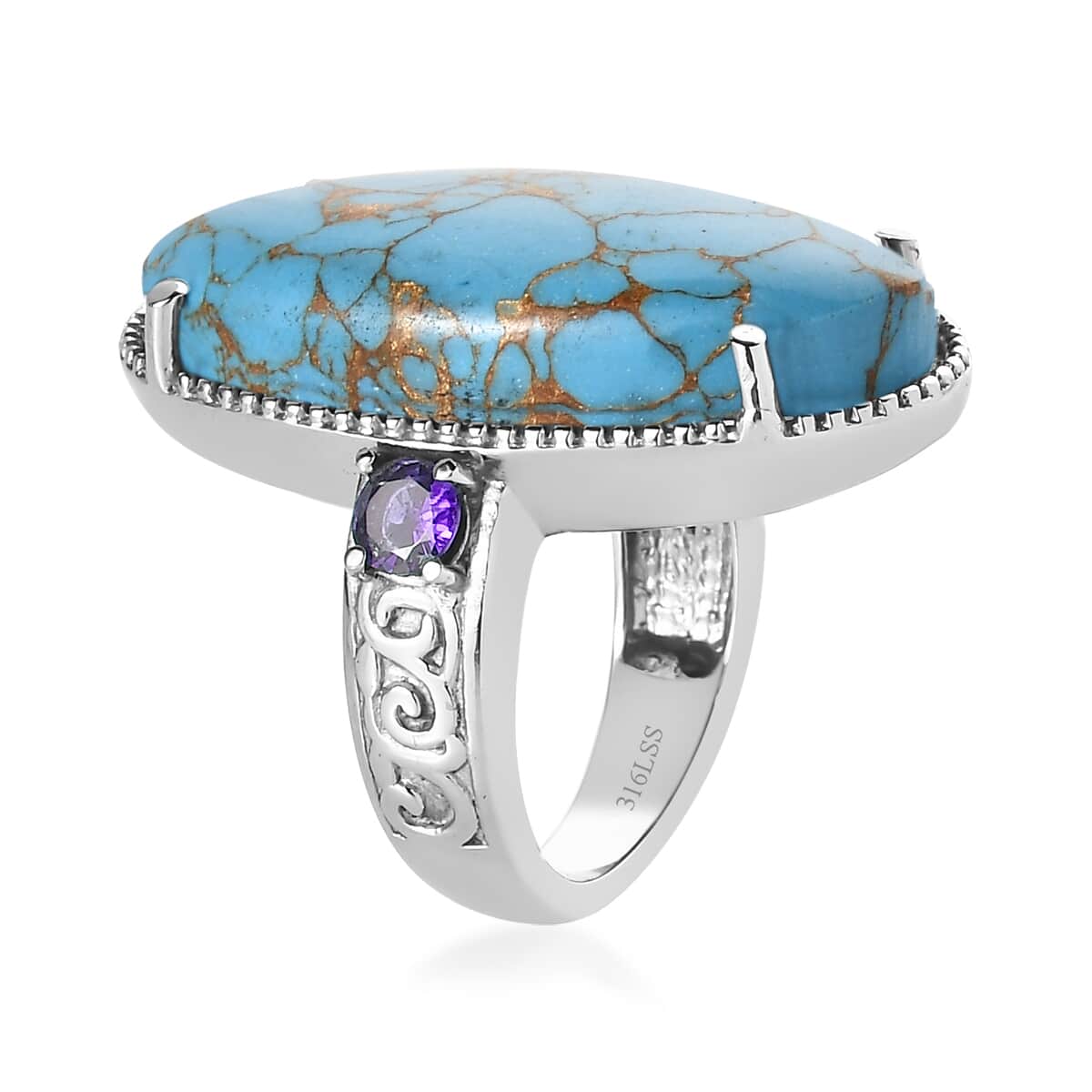 Mojave Blue Turquoise and Simulated Blue Diamond 18.90 ctw Ring in Stainless Steel (Size 7.0) image number 3