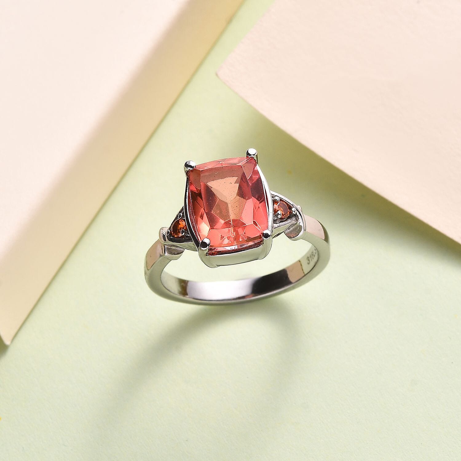 Padparadscha Quartz (Triplet) and Simulated Orange Diamond 3.50 ctw Ring in Stainless Steel (Size 10.0)