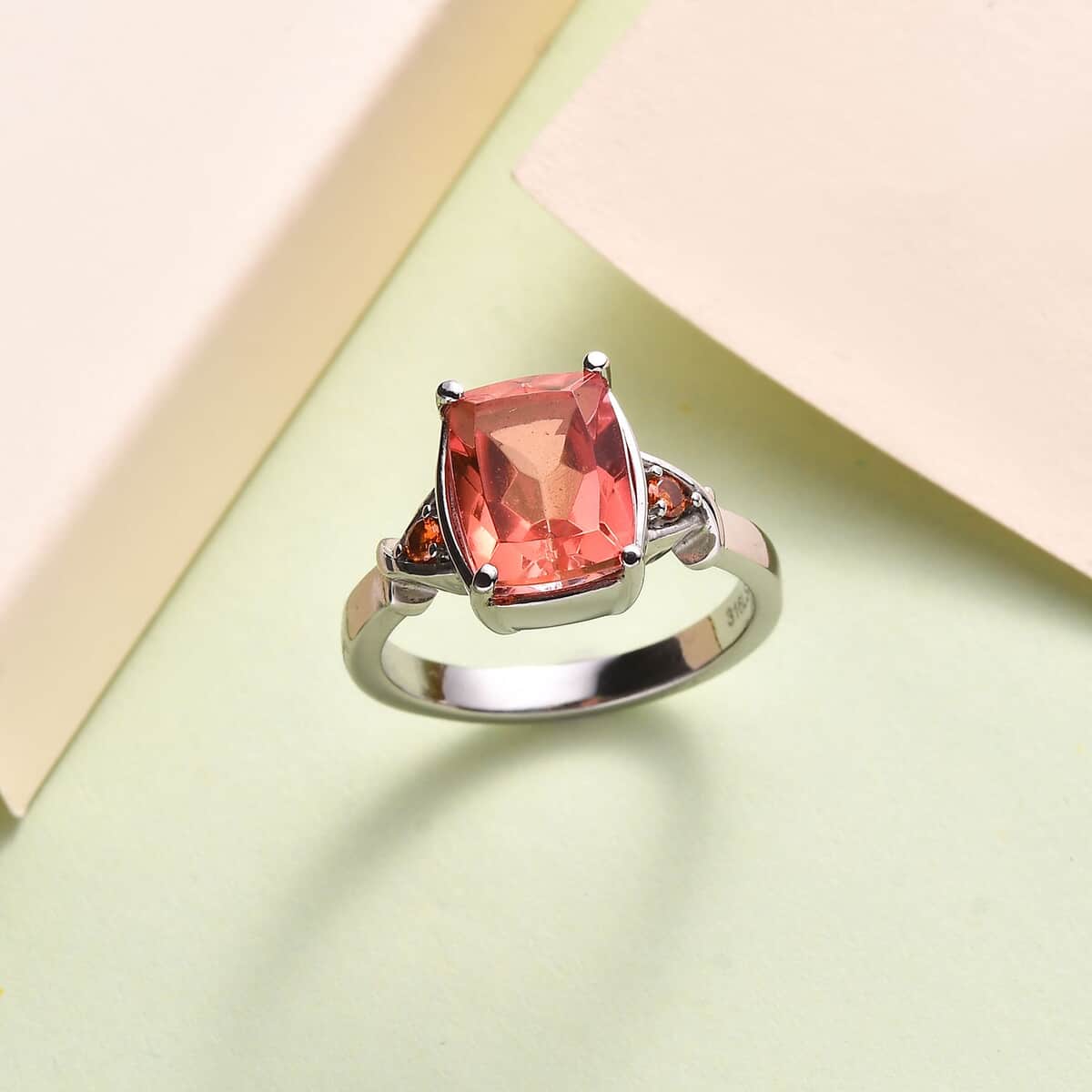 Padparadscha Quartz (Triplet) and Simulated Orange Diamond 3.50 ctw Ring in Stainless Steel (Size 10.0) image number 1