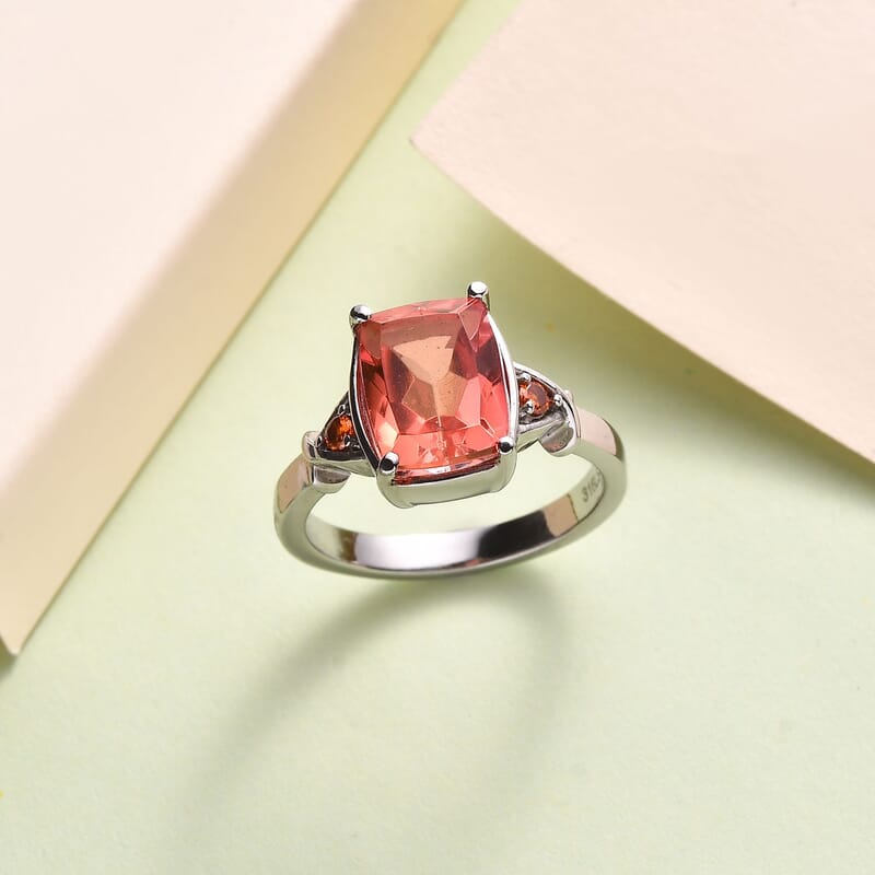 Padparadscha Quartz (Triplet) and Simulated Orange Diamond 3.50 ctw Ring in Stainless Steel (Size 10.0)