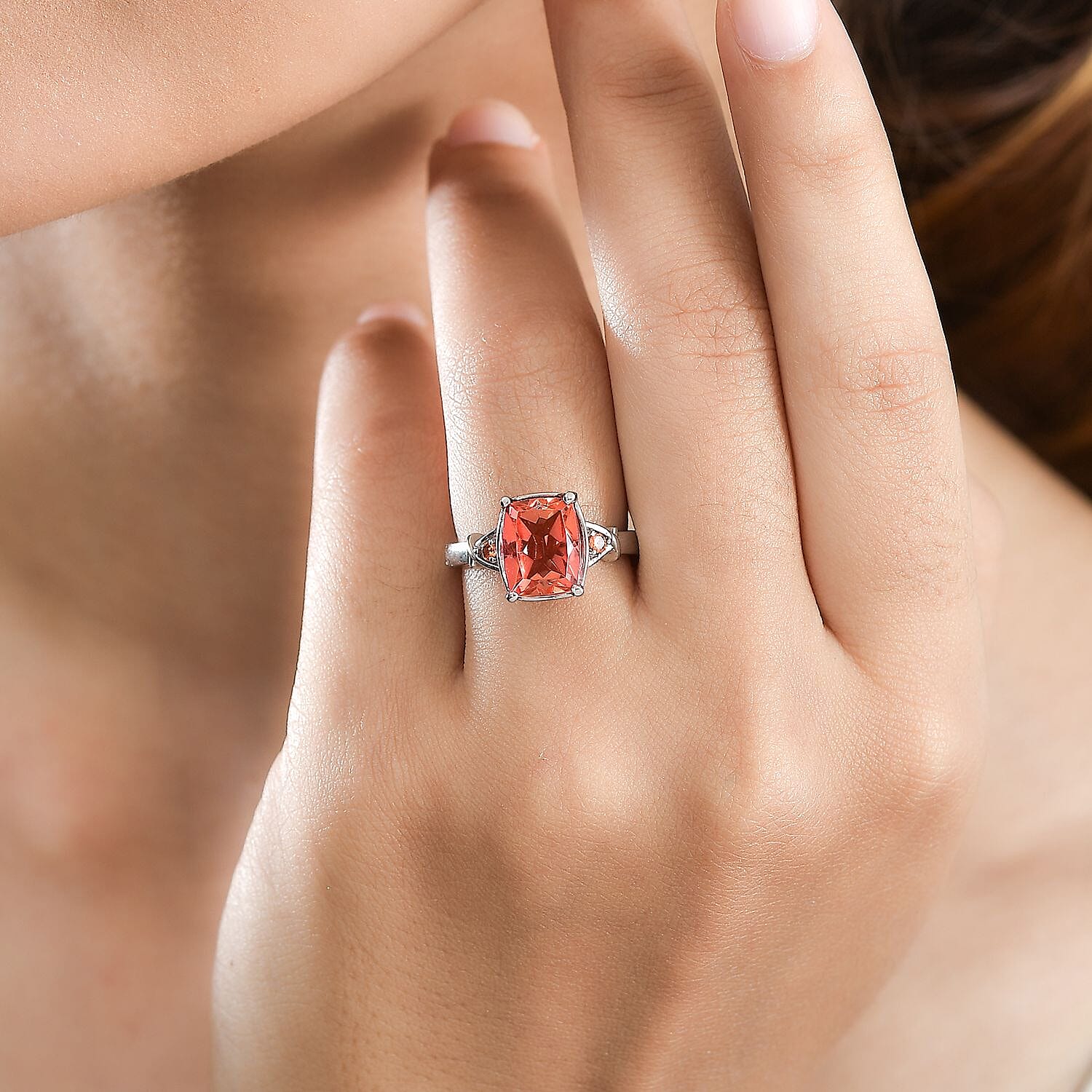 Padparadscha Quartz (Triplet) and Simulated Orange Diamond 3.50 ctw Ring in Stainless Steel (Size 10.0)
