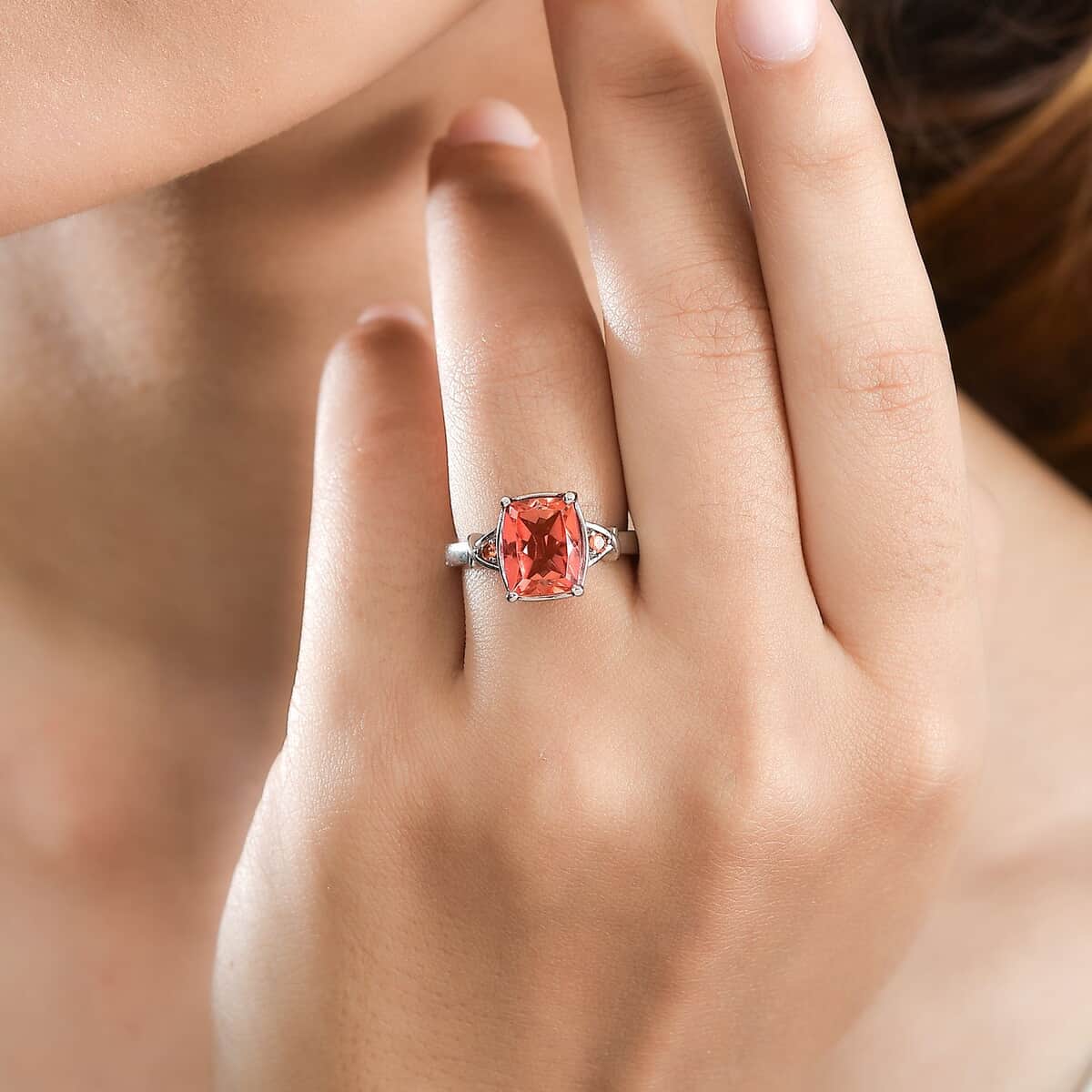 Padparadscha Quartz (Triplet) and Simulated Orange Diamond 3.50 ctw Ring in Stainless Steel (Size 10.0) image number 2