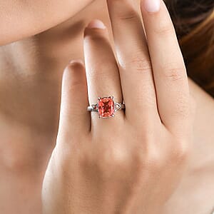 Padparadscha Quartz (Triplet) and Simulated Orange Diamond 3.50 ctw Ring in Stainless Steel (Size 10.0)