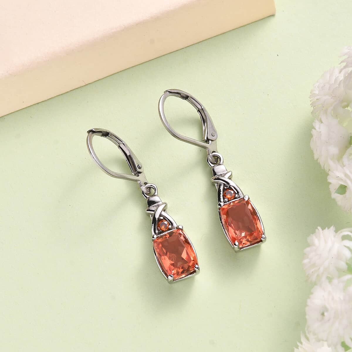 Padparadscha Quartz (Triplet) and Simulated Orange Diamond 3.60 ctw Lever Back Earrings in Stainless Steel image number 1