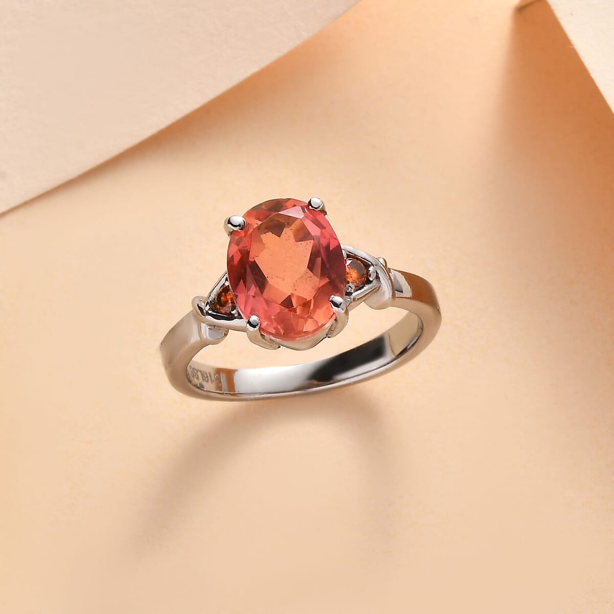 Padparadscha Quartz (Triplet) and Simulated Orange Diamond 3.10 ctw Ring in Stainless Steel (Size 10.0) image number 1