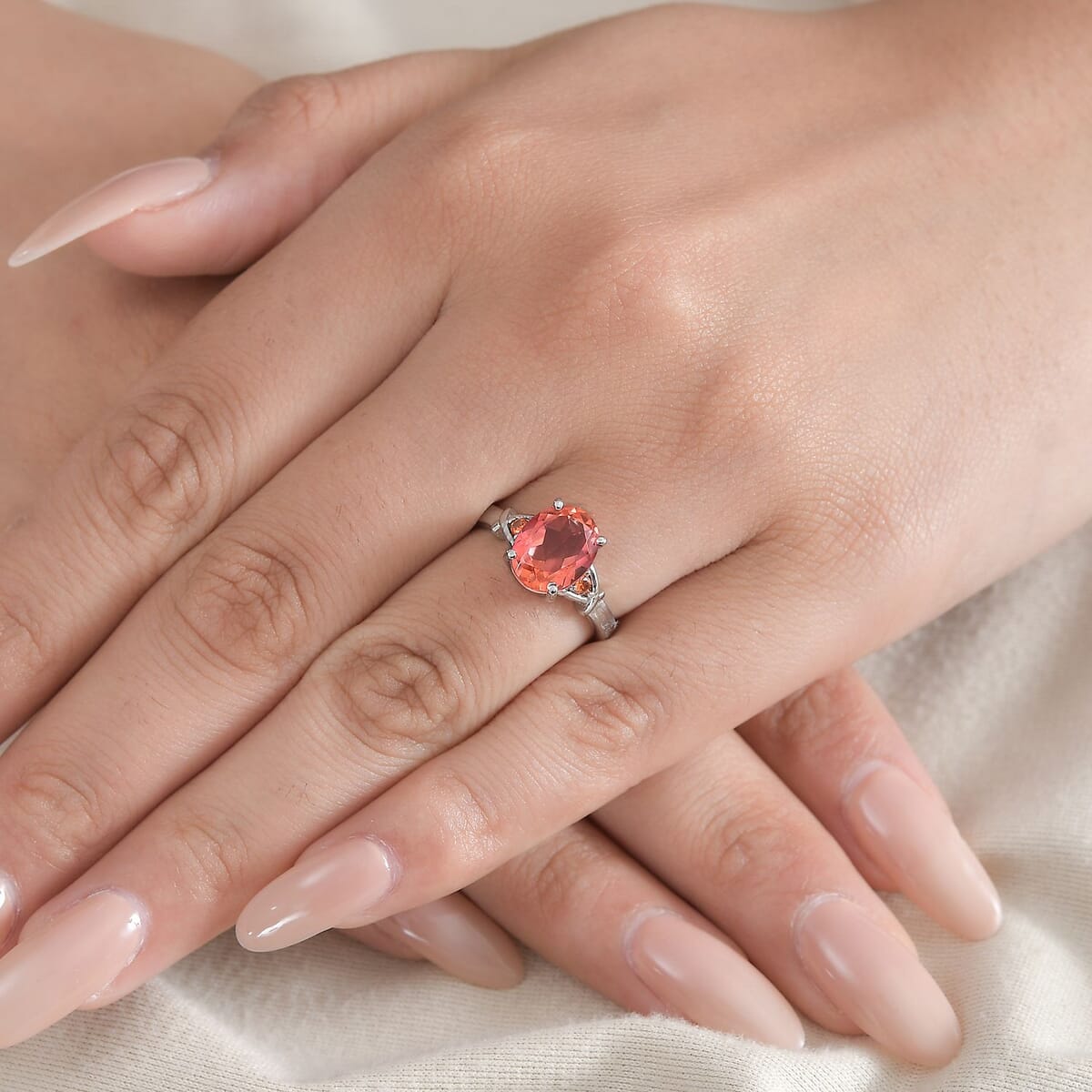 Padparadscha Quartz (Triplet) and Simulated Orange Diamond 3.10 ctw Ring in Stainless Steel (Size 10.0) image number 2