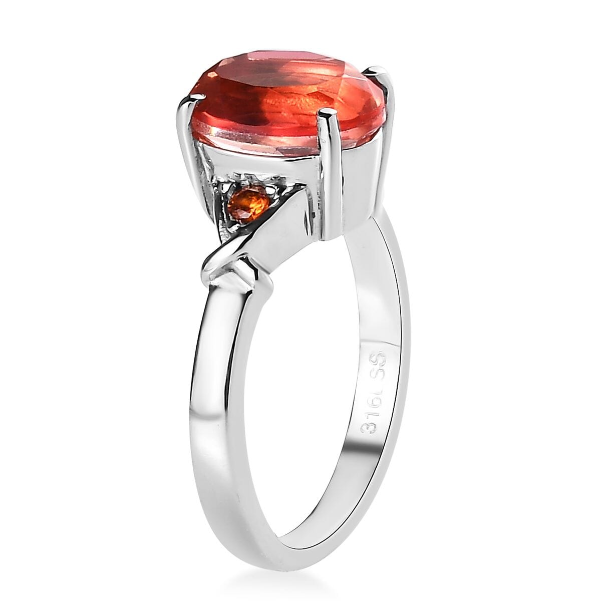 Padparadscha Quartz (Triplet) and Simulated Orange Diamond 3.10 ctw Ring in Stainless Steel (Size 10.0) image number 3