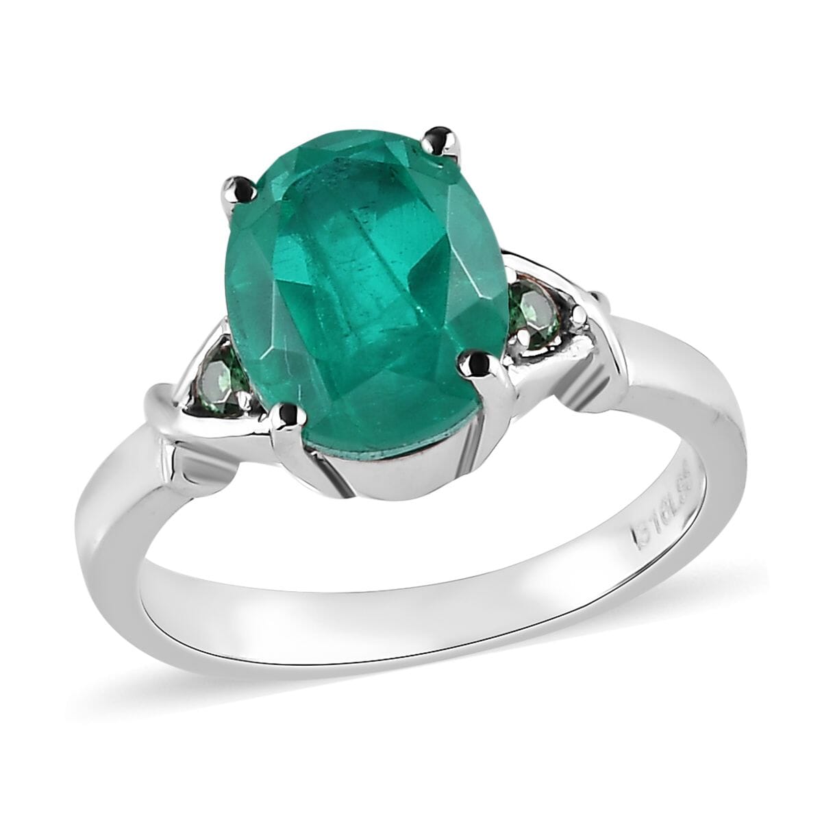 Emeraldine Quartz (Triplet) and Simulated Green Diamond 3.10 ctw Ring in Stainless Steel (Size 10.0) image number 0