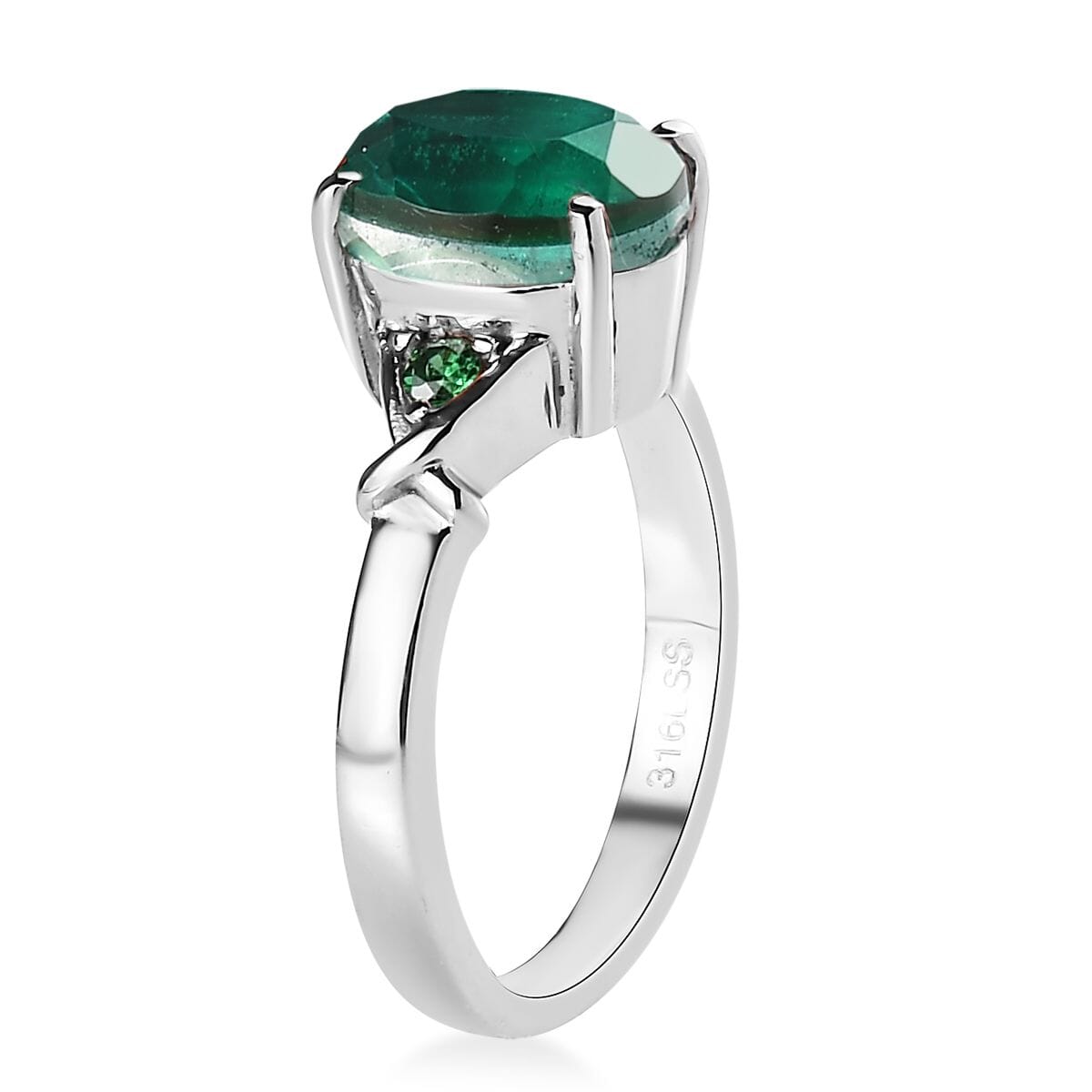 Emeraldine Quartz (Triplet) and Simulated Green Diamond 3.10 ctw Ring in Stainless Steel (Size 10.0) image number 3