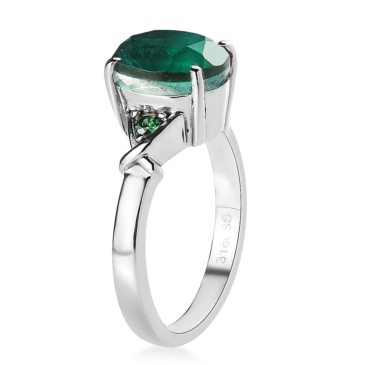 Emeraldine Quartz (Triplet) and Simulated Green Diamond 3.10 ctw Ring in Stainless Steel (Size 5.0)
