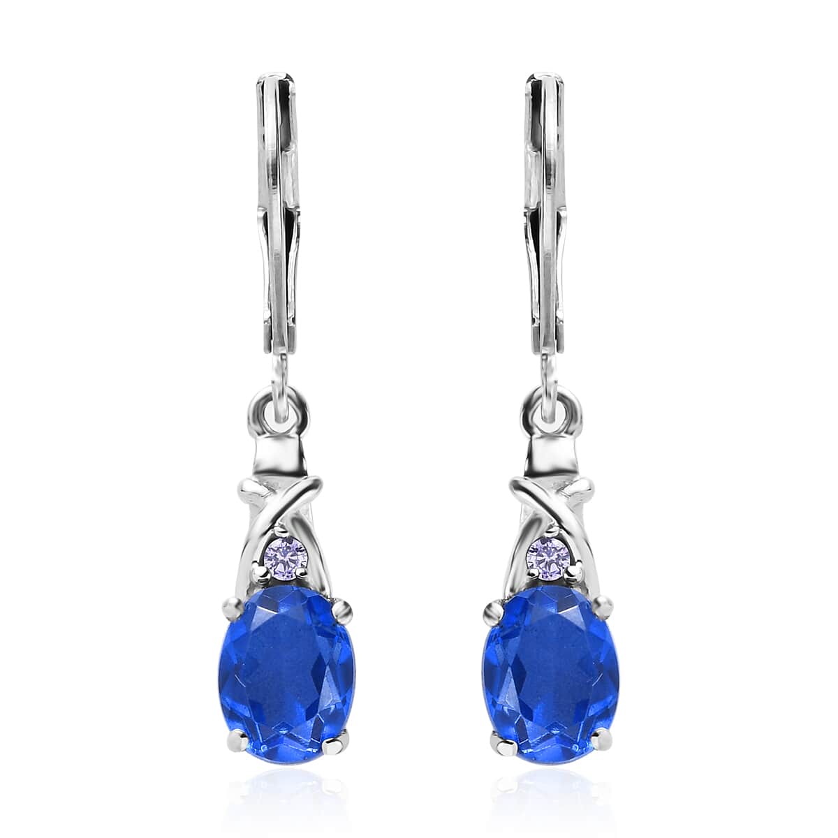 Ceylon Color Quartz (Triplet) and Simulated Tanzanite Color Diamond 3.20 ctw Lever Back Earrings in Stainless Steel image number 0