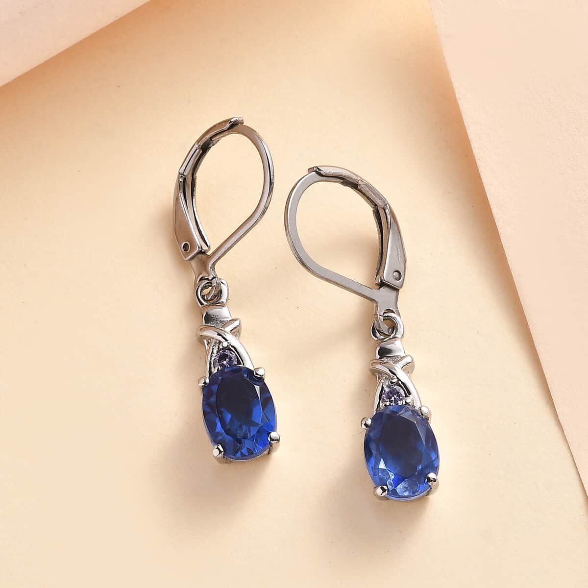 Ceylon Color Quartz (Triplet) and Simulated Tanzanite Color Diamond 3.20 ctw Lever Back Earrings in Stainless Steel image number 1