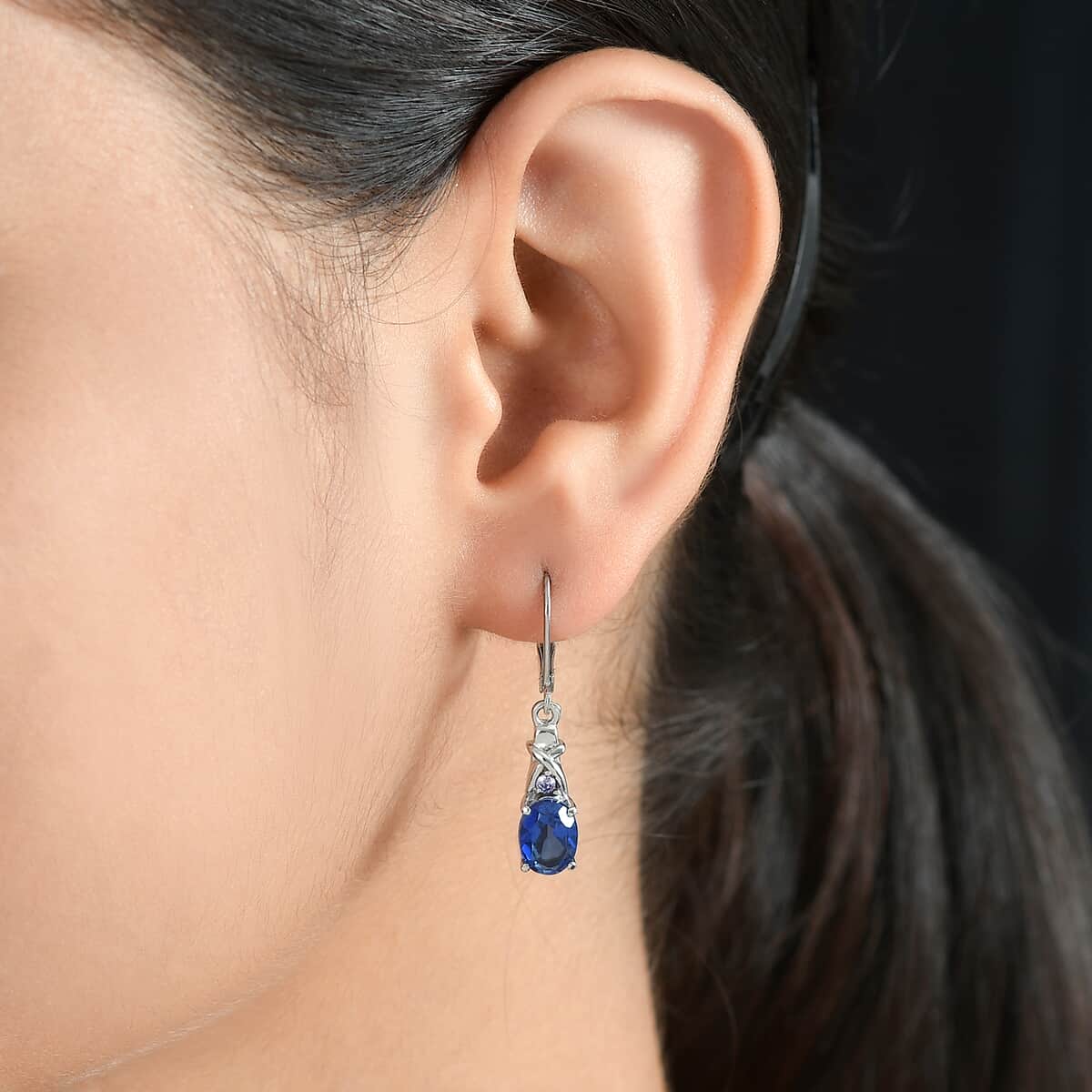 Ceylon Color Quartz (Triplet) and Simulated Tanzanite Color Diamond 3.20 ctw Lever Back Earrings in Stainless Steel image number 2