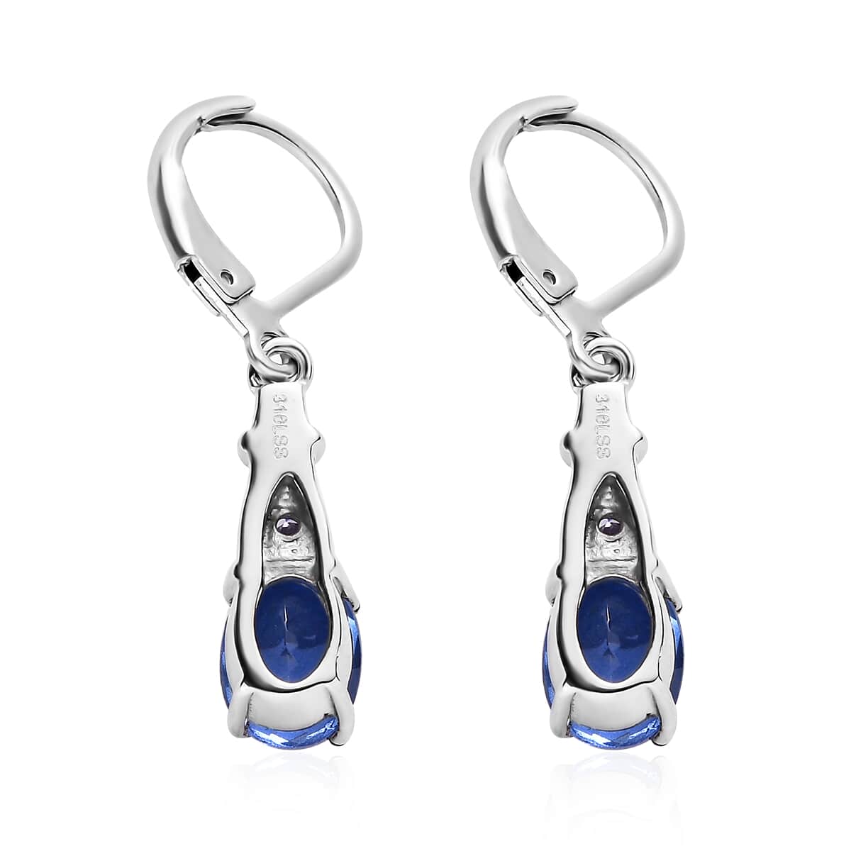 Ceylon Color Quartz (Triplet) and Simulated Tanzanite Color Diamond 3.20 ctw Lever Back Earrings in Stainless Steel image number 4